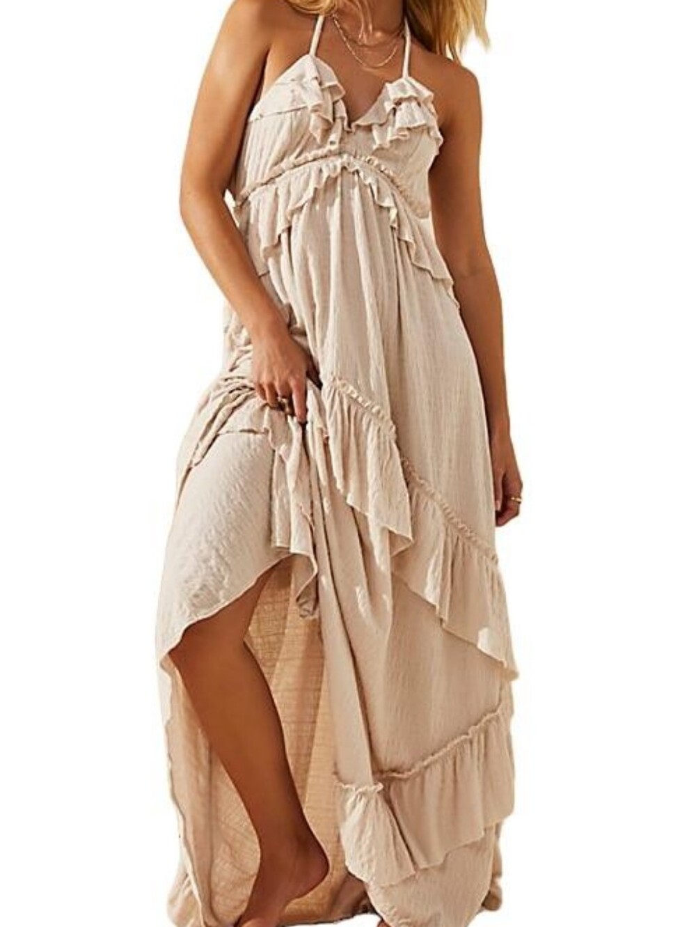 Free People Beach Santa Luz Maxi Halter Dress Beige Large Coastal Ethereal